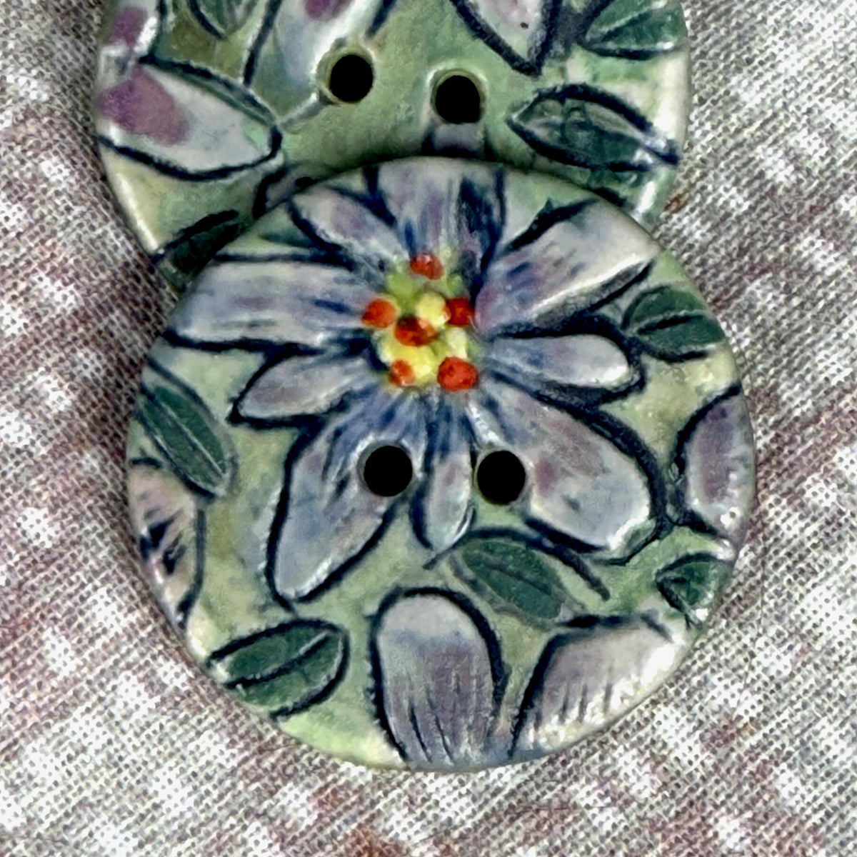 Purple Flowers on Green Round Buttons