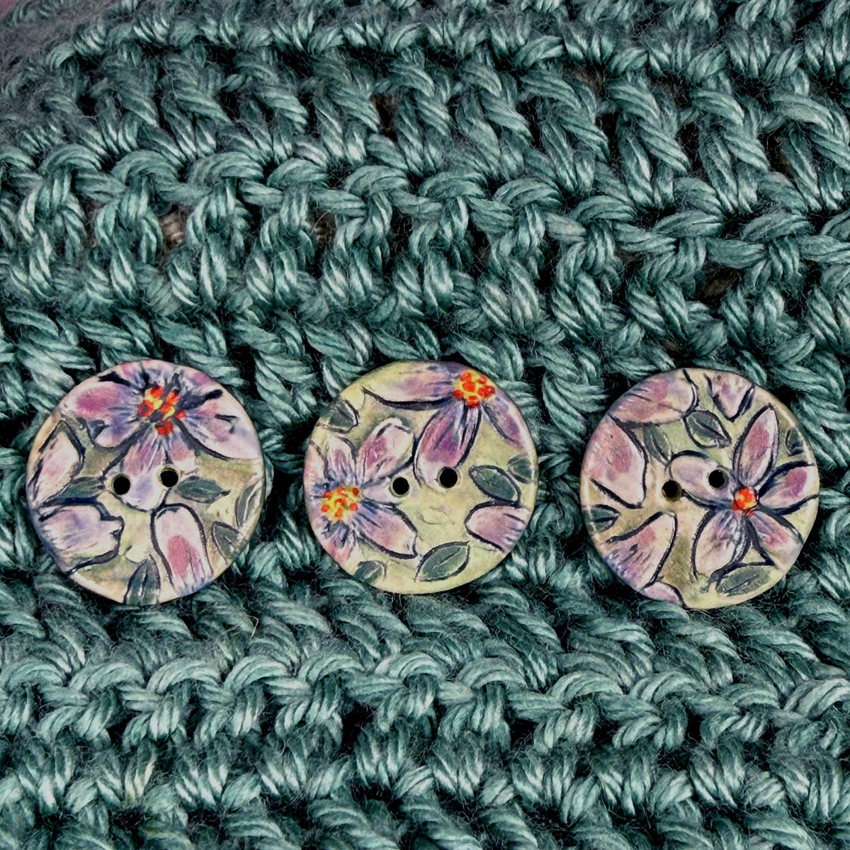 Purple Flowers on Green Round Buttons