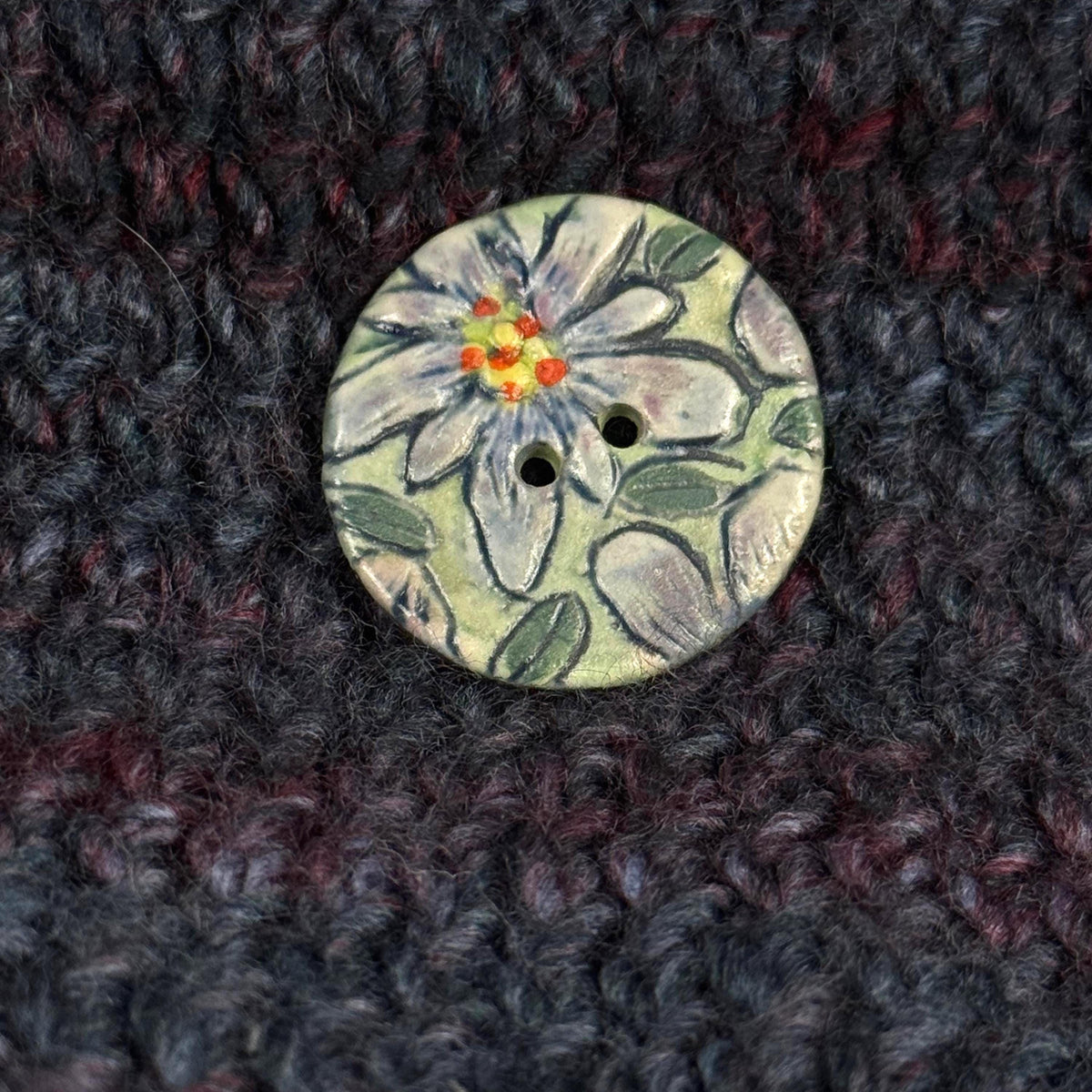 Purple Flowers on Green Round Buttons