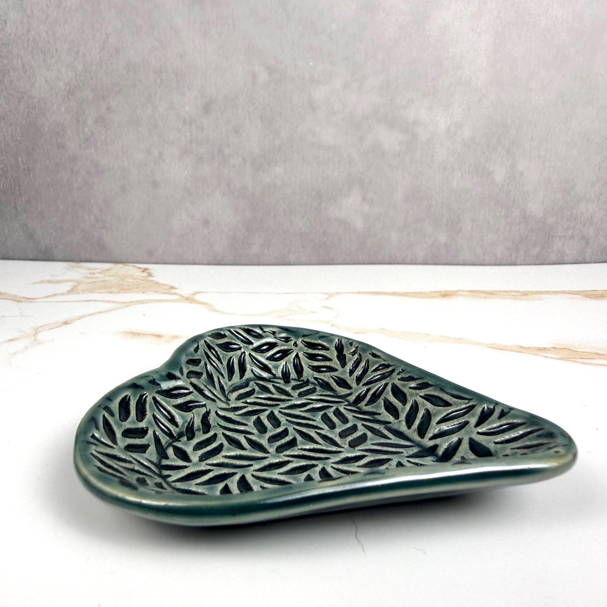 Sage Green Leaf Patterned Heart Shaped Dish