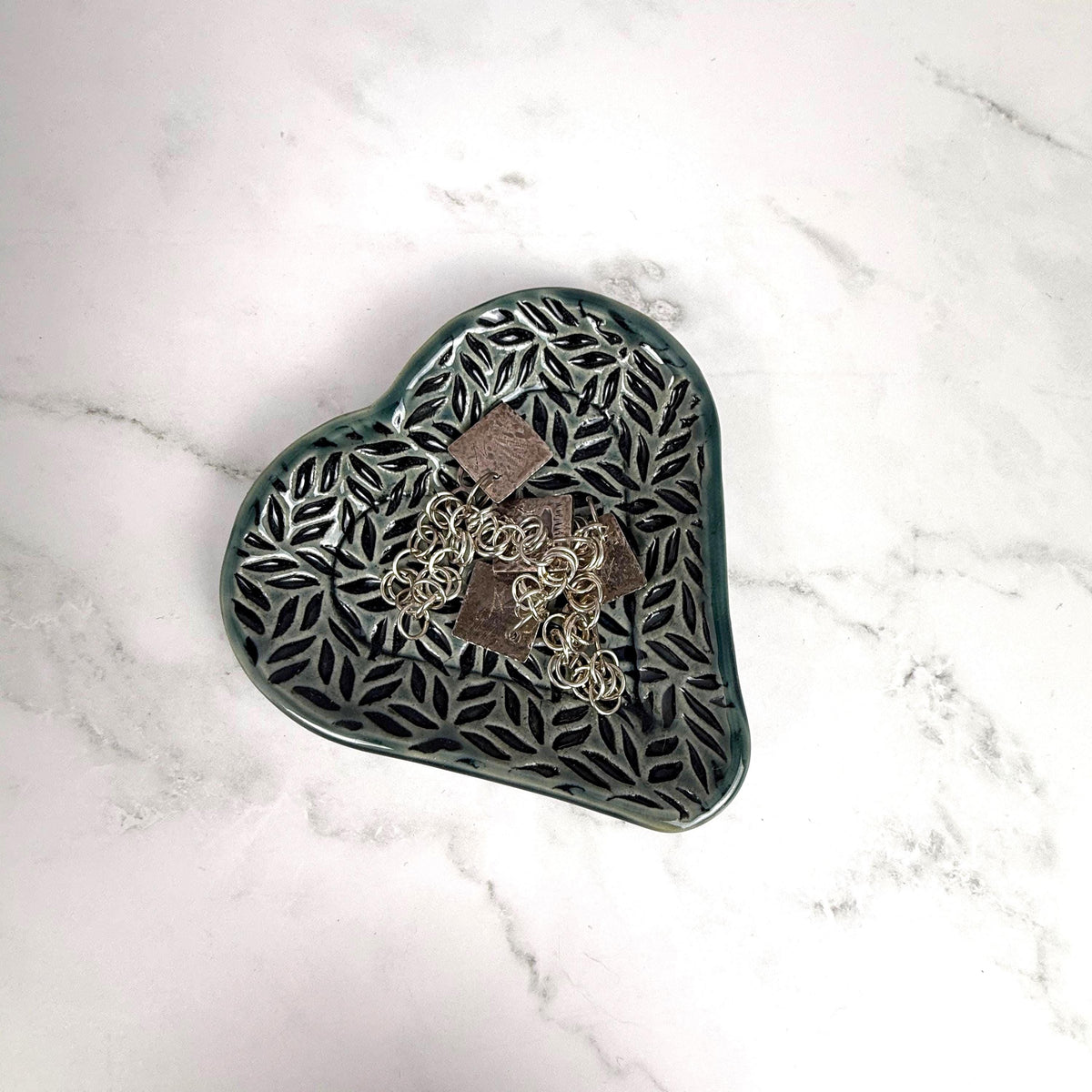 Sage Green Leaf Patterned Heart Shaped Dish