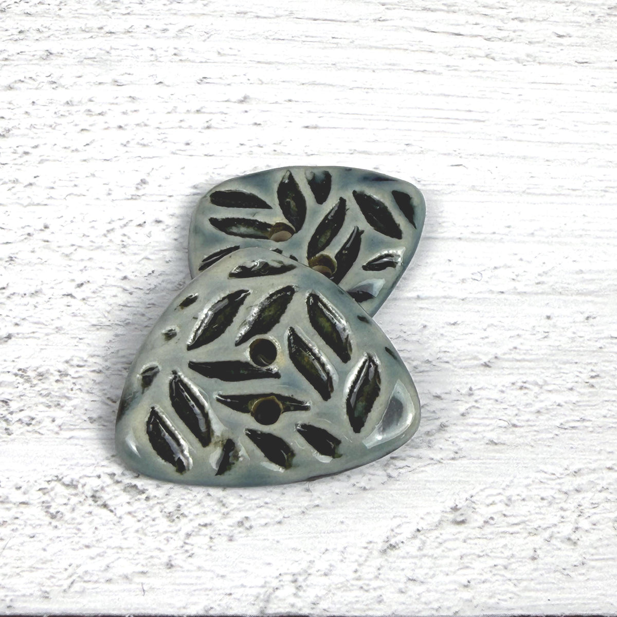 Triangular Shaped Buttons in Light Sage with Dark Sage Leaf Pattern