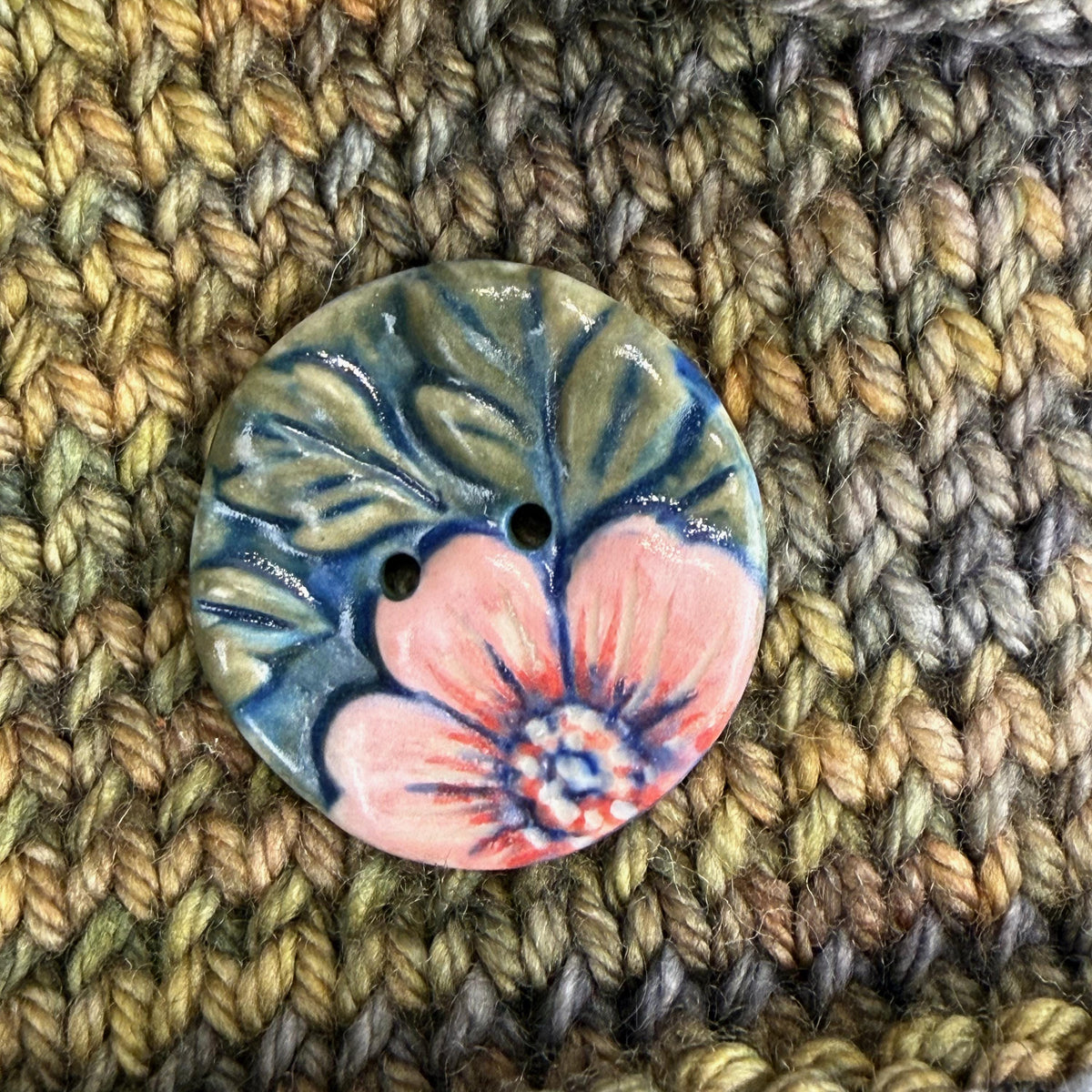 Pink Flowers with Green Leaves Ceramic Buttons