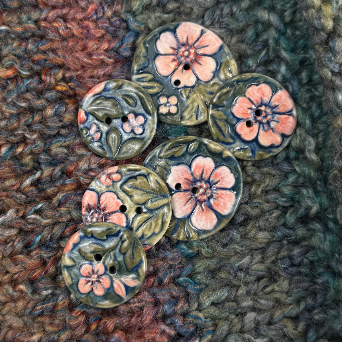 Pink Flowers with Green Leaves Ceramic Buttons