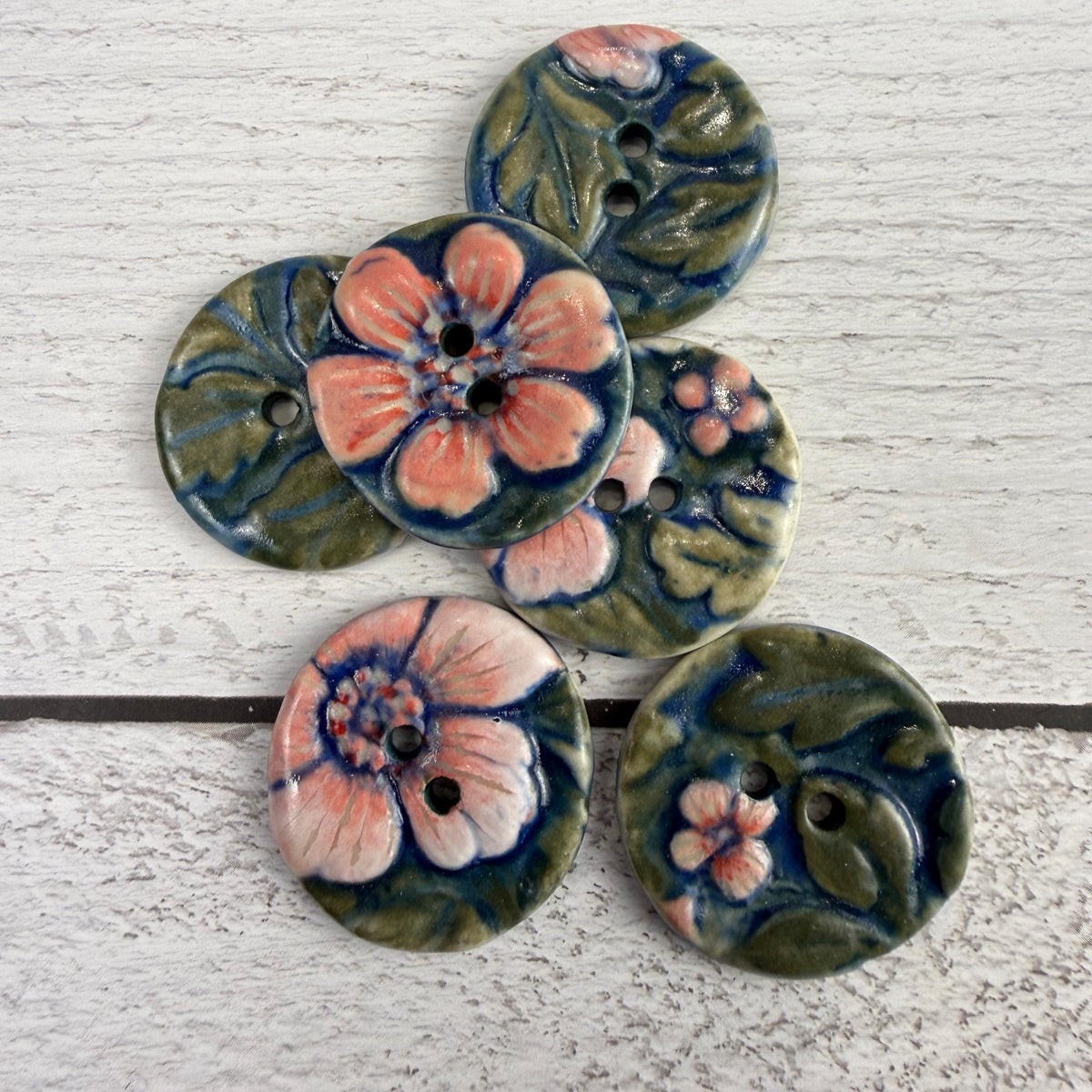 Pink Flowers with Green Leaves Ceramic Buttons
