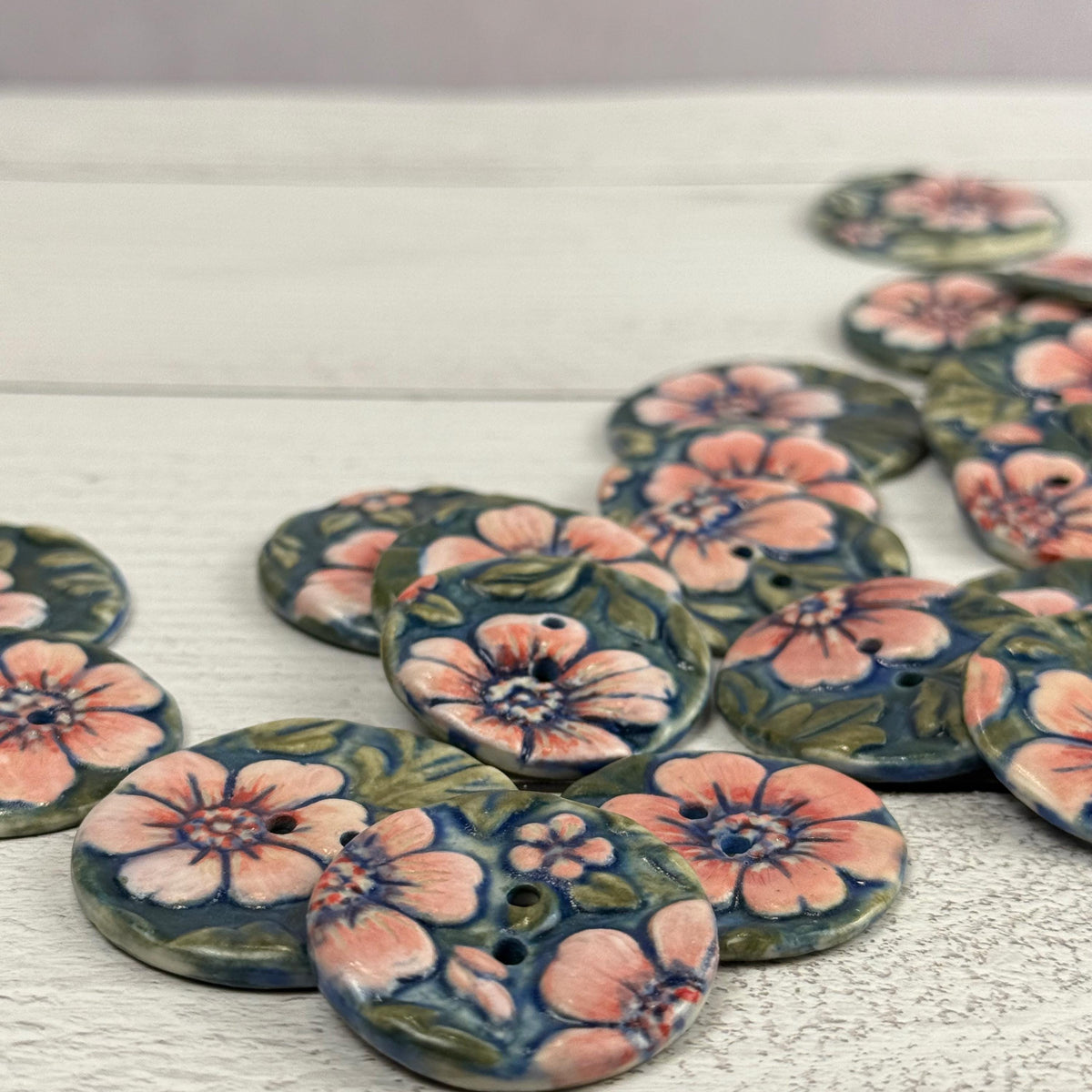 Pink Flowers with Green Leaves Ceramic Buttons