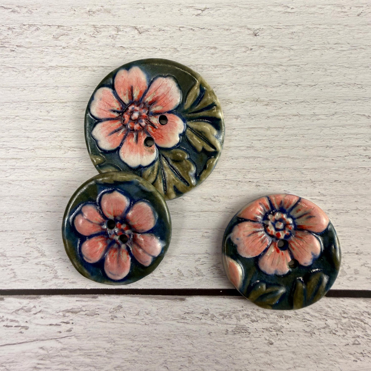 Pink Flowers with Green Leaves Ceramic Buttons