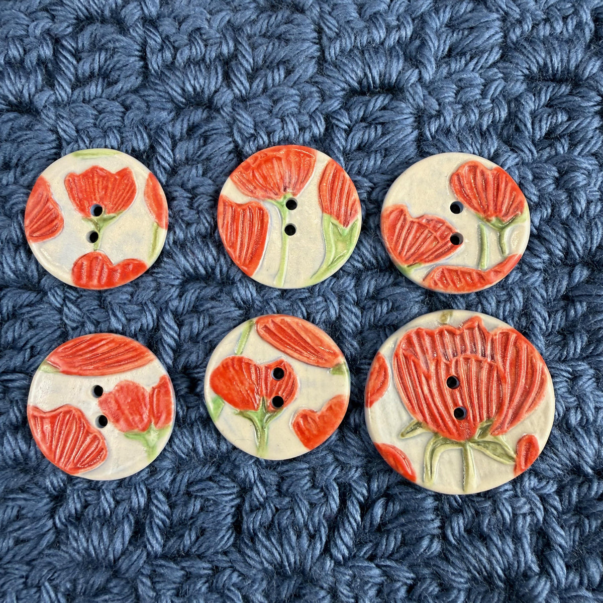 Bright Red Poppies on Blue Round Buttons
