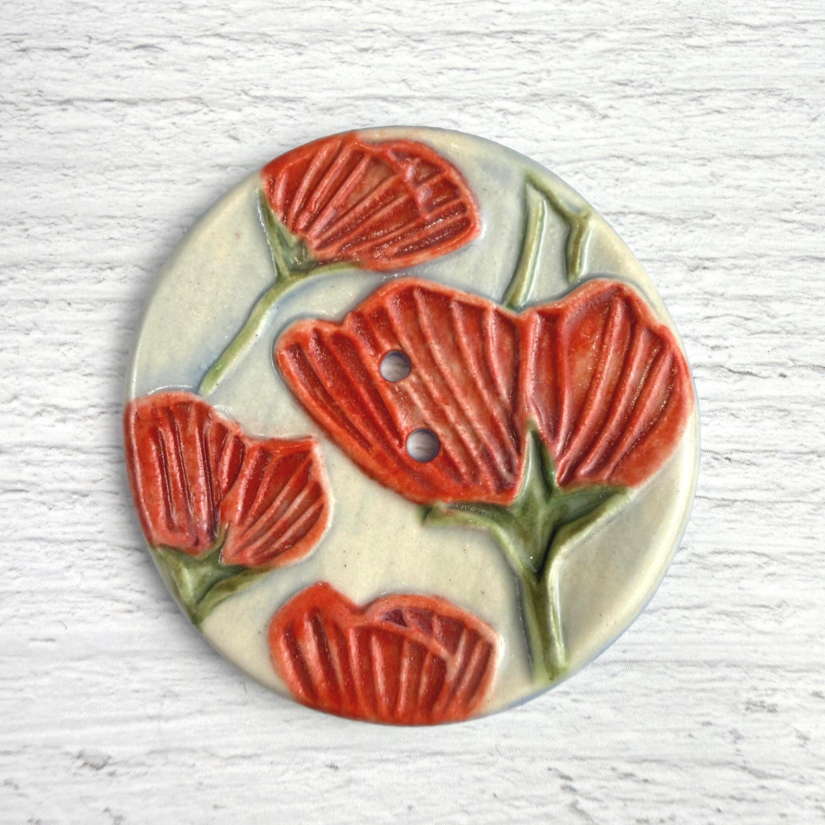 Bright Red Poppies on Blue Round Buttons