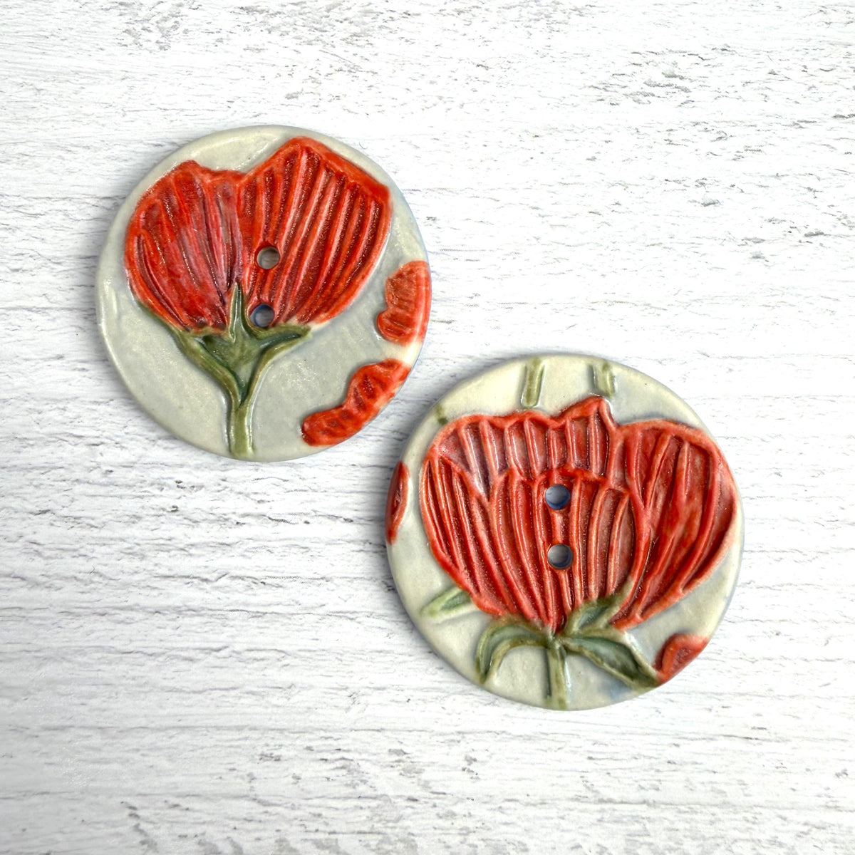 Bright Red Poppies on Blue Round Buttons