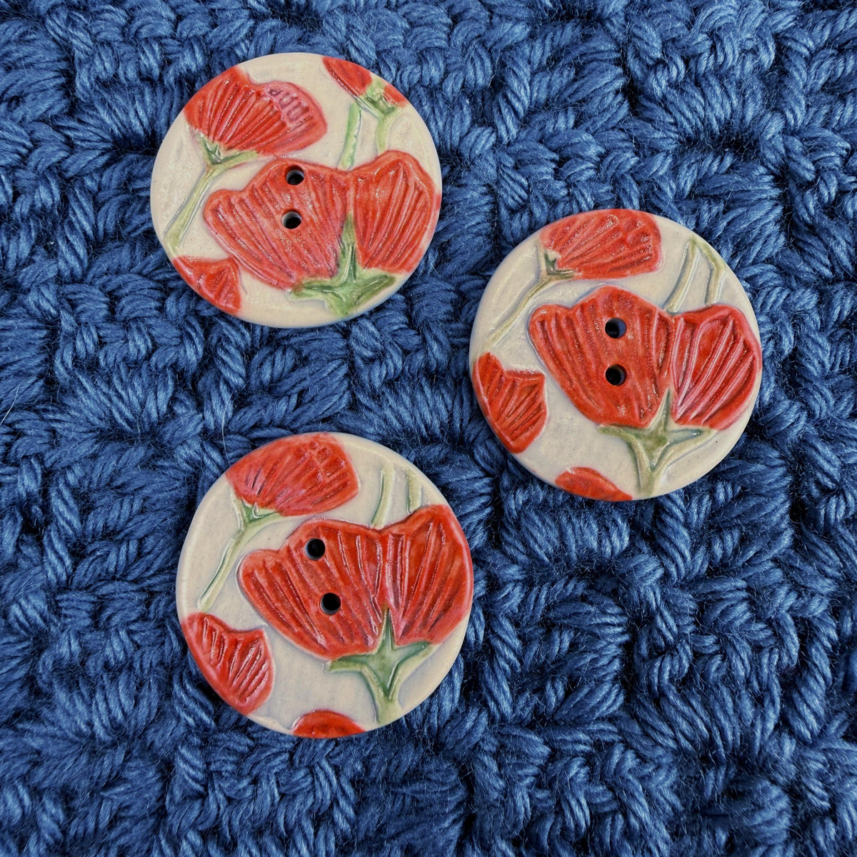 Bright Red Poppies on Blue Round Buttons