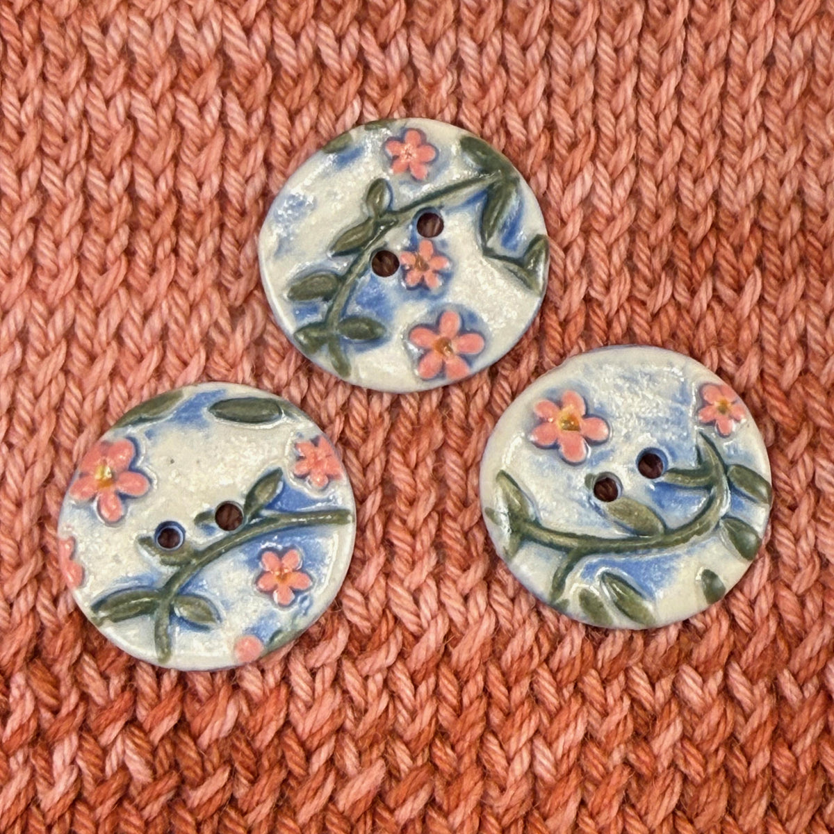 Pink Flowers on White and Blue Buttons
