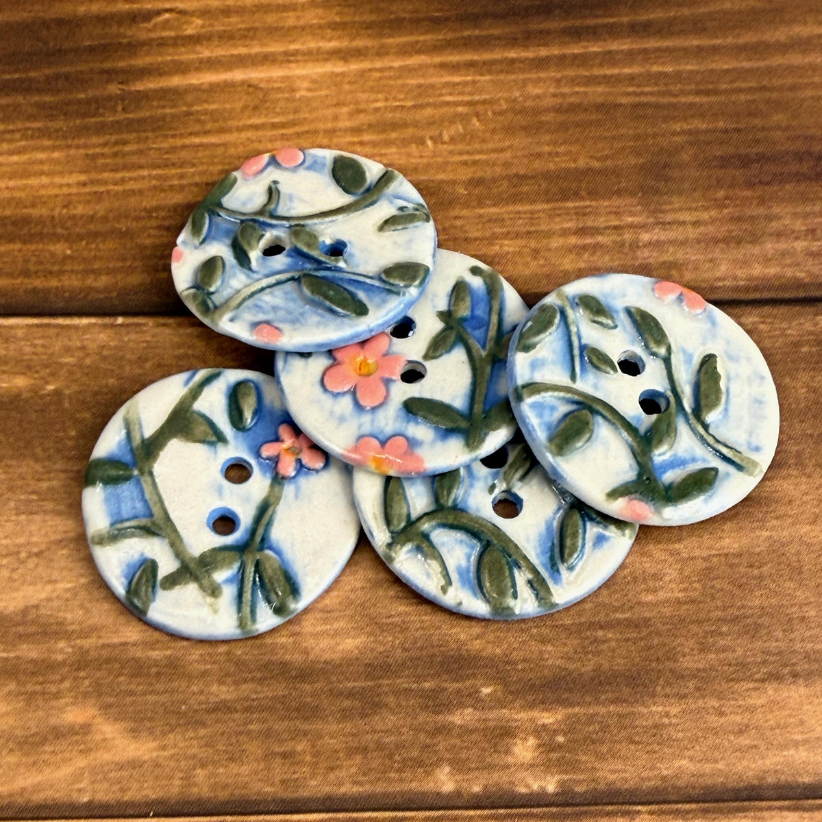 Pink Flowers on White and Blue Buttons