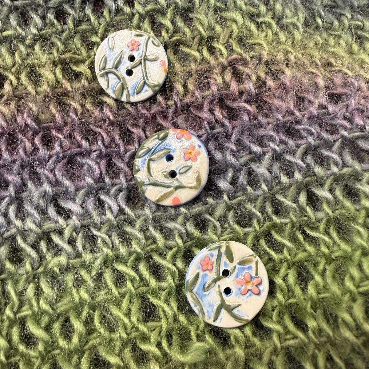 Pink Flowers on White and Blue Buttons