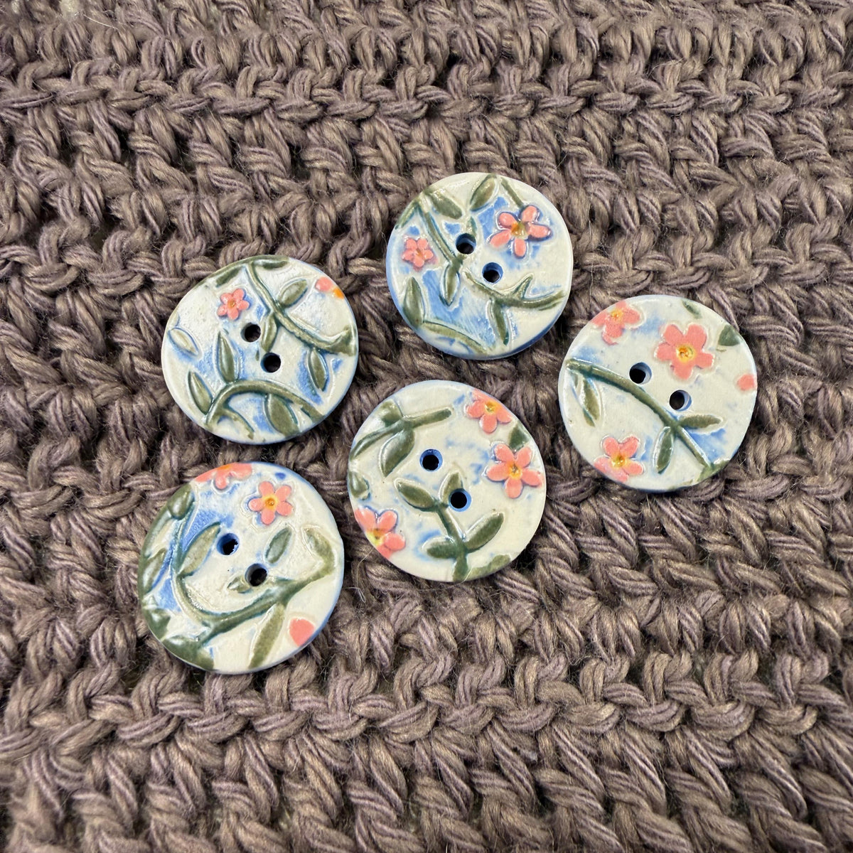 Pink Flowers on White and Blue Buttons
