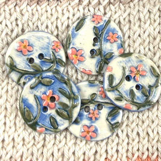 Pink Flowers on White and Blue Buttons
