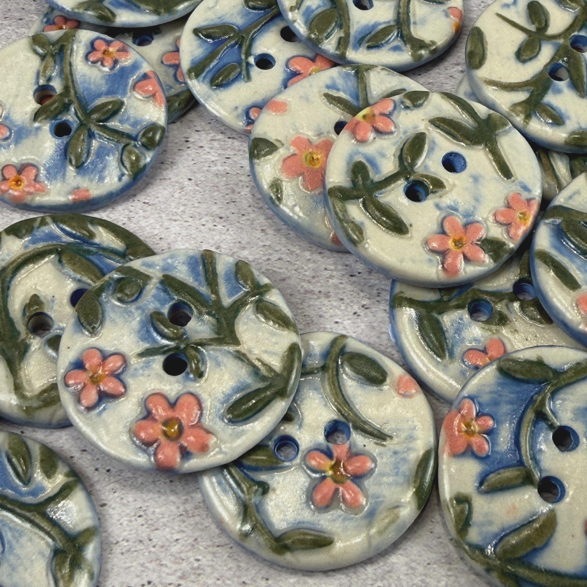 Pink Flowers on White and Blue Buttons