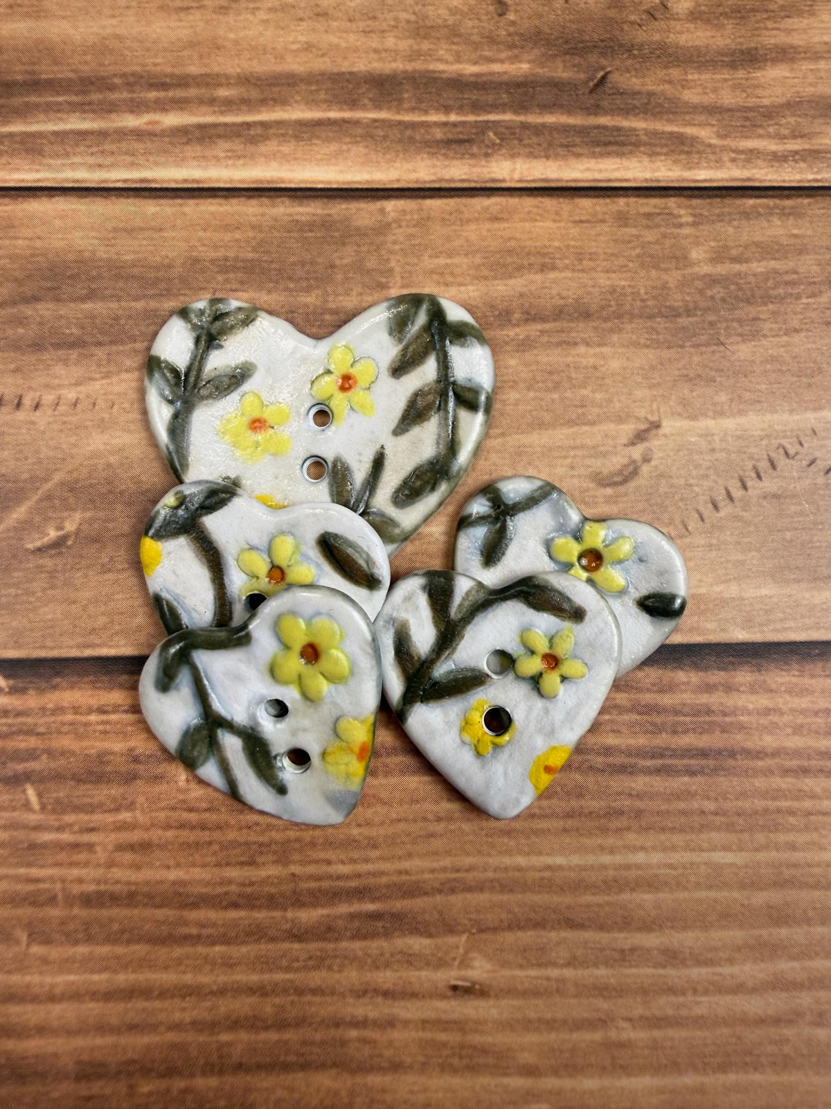 Yellow Flowers on White Heart Buttons