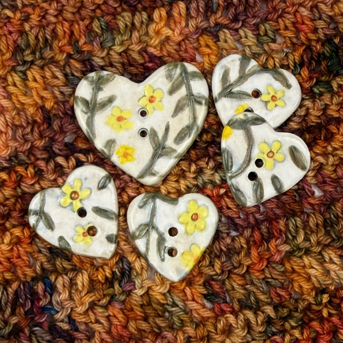 Yellow Flowers on White Heart Buttons