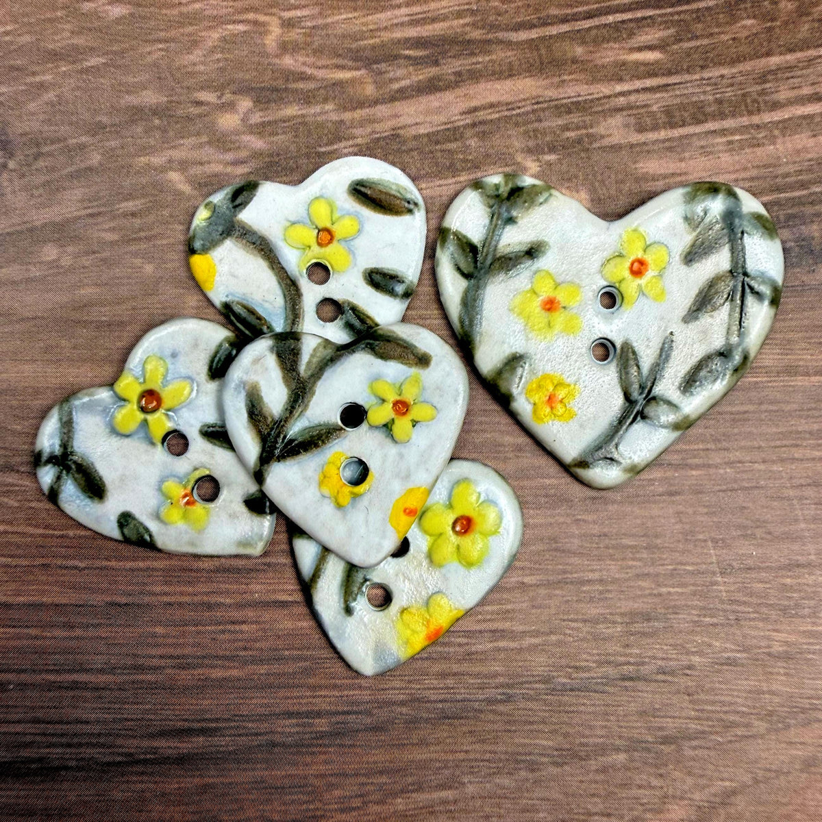 Yellow Flowers on White Heart Buttons
