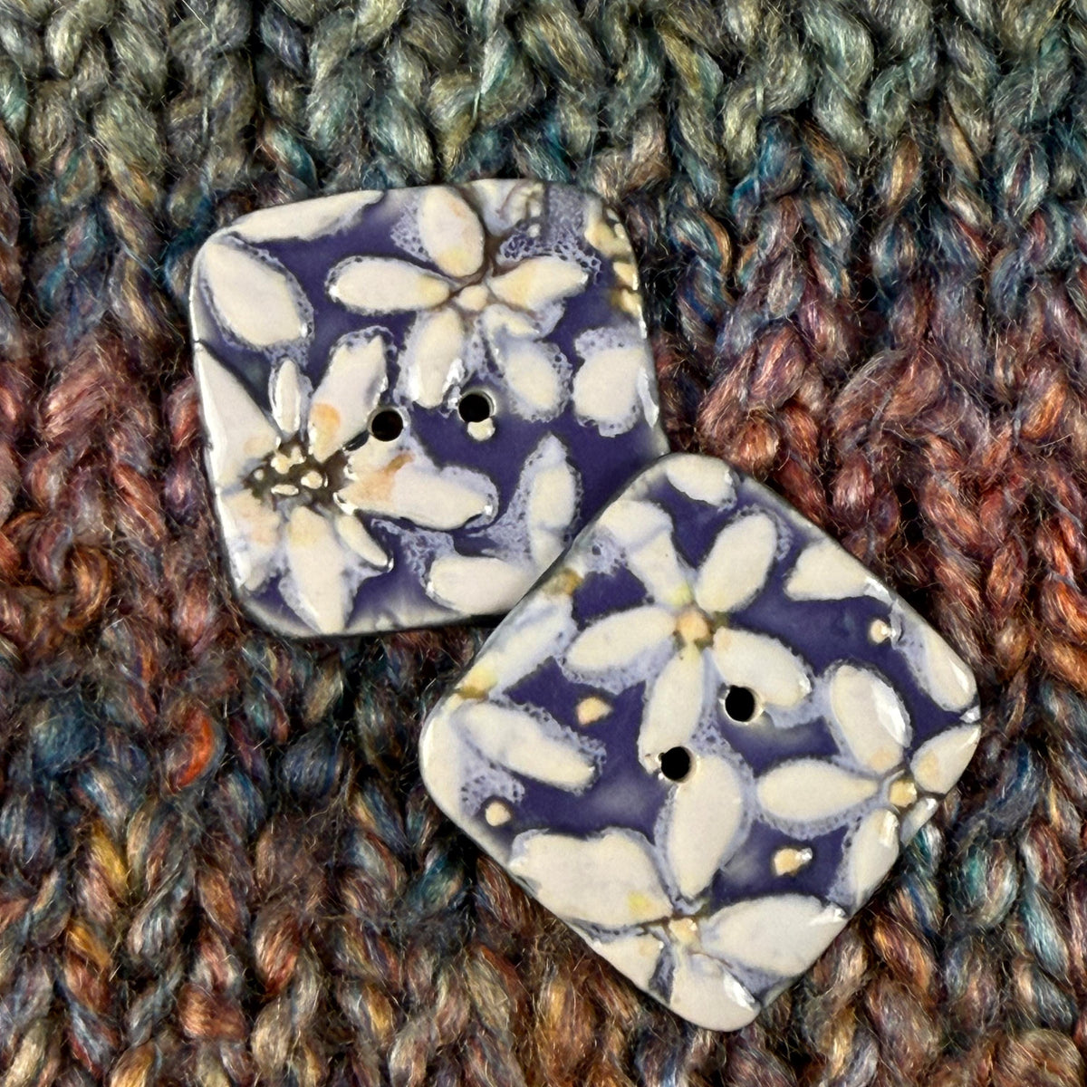 White Flowers on Purple Square Buttons