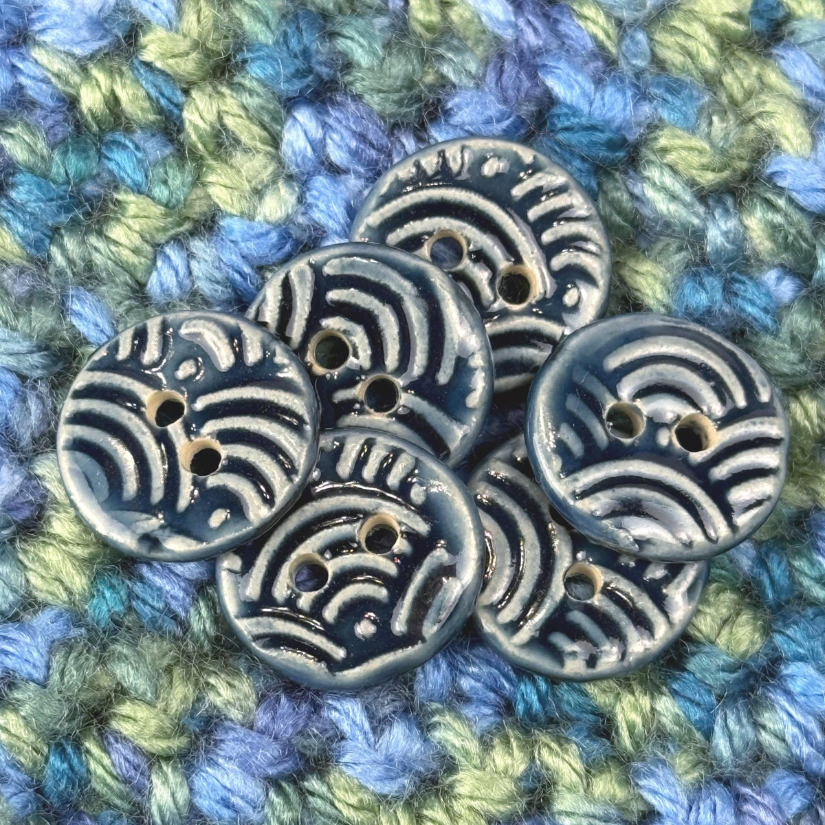 Set of 6 Small Wave Texture Blue Round Buttons