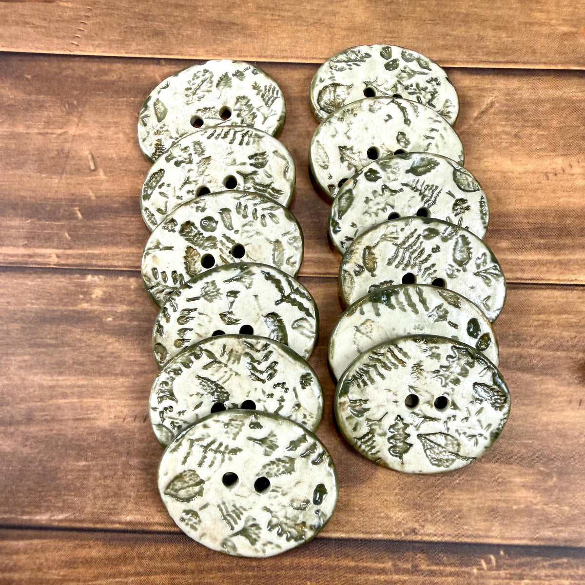 Mushrooms and Leaves Green and Off White Buttons