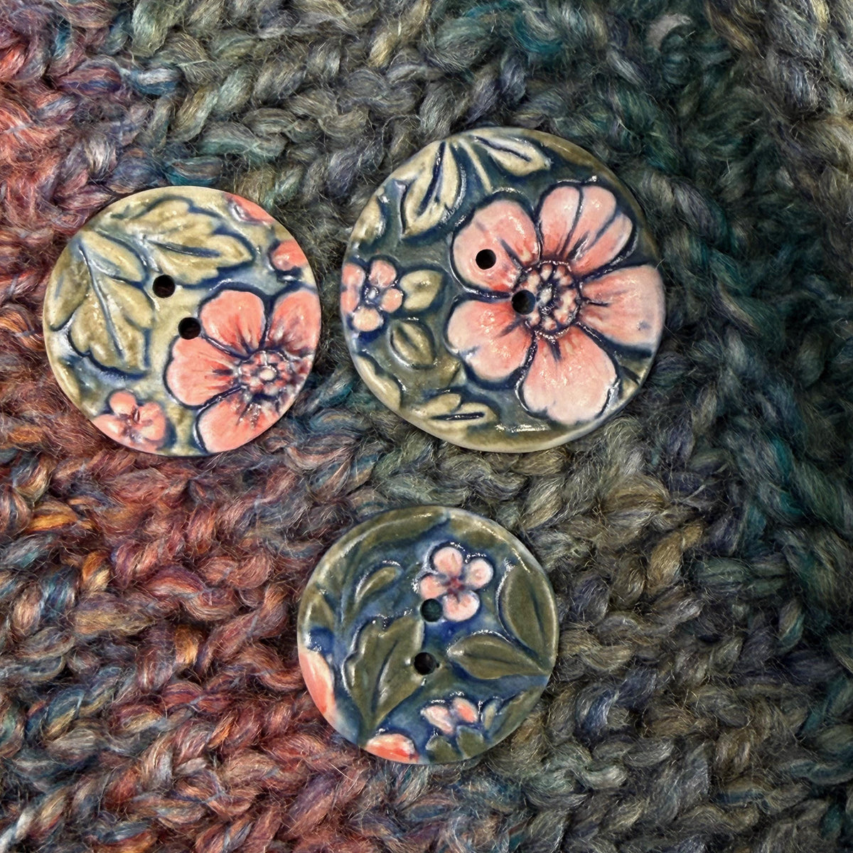 Pink Flowers with Green Leaves Ceramic Buttons