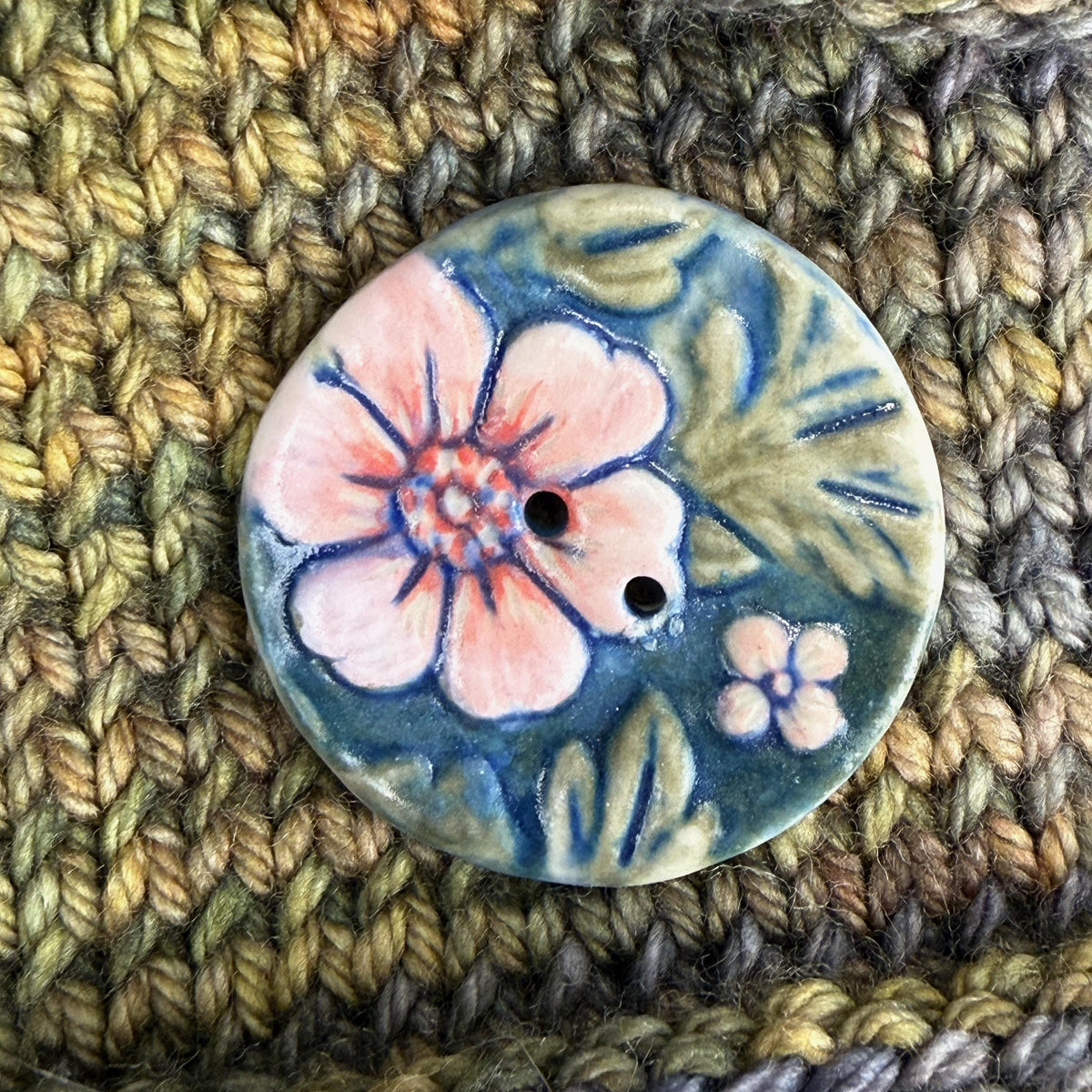 Pink Flowers with Green Leaves Ceramic Buttons