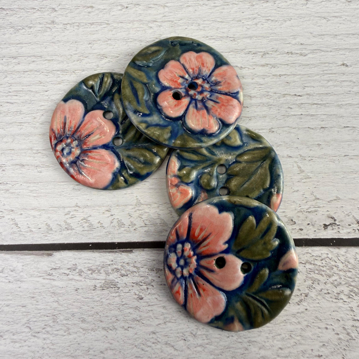 Pink Flowers with Green Leaves Ceramic Buttons