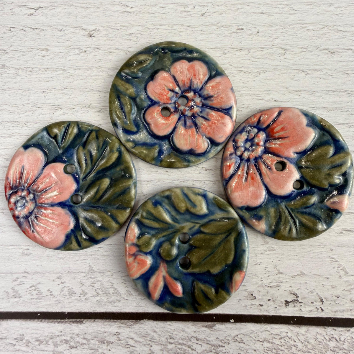 Pink Flowers with Green Leaves Ceramic Buttons