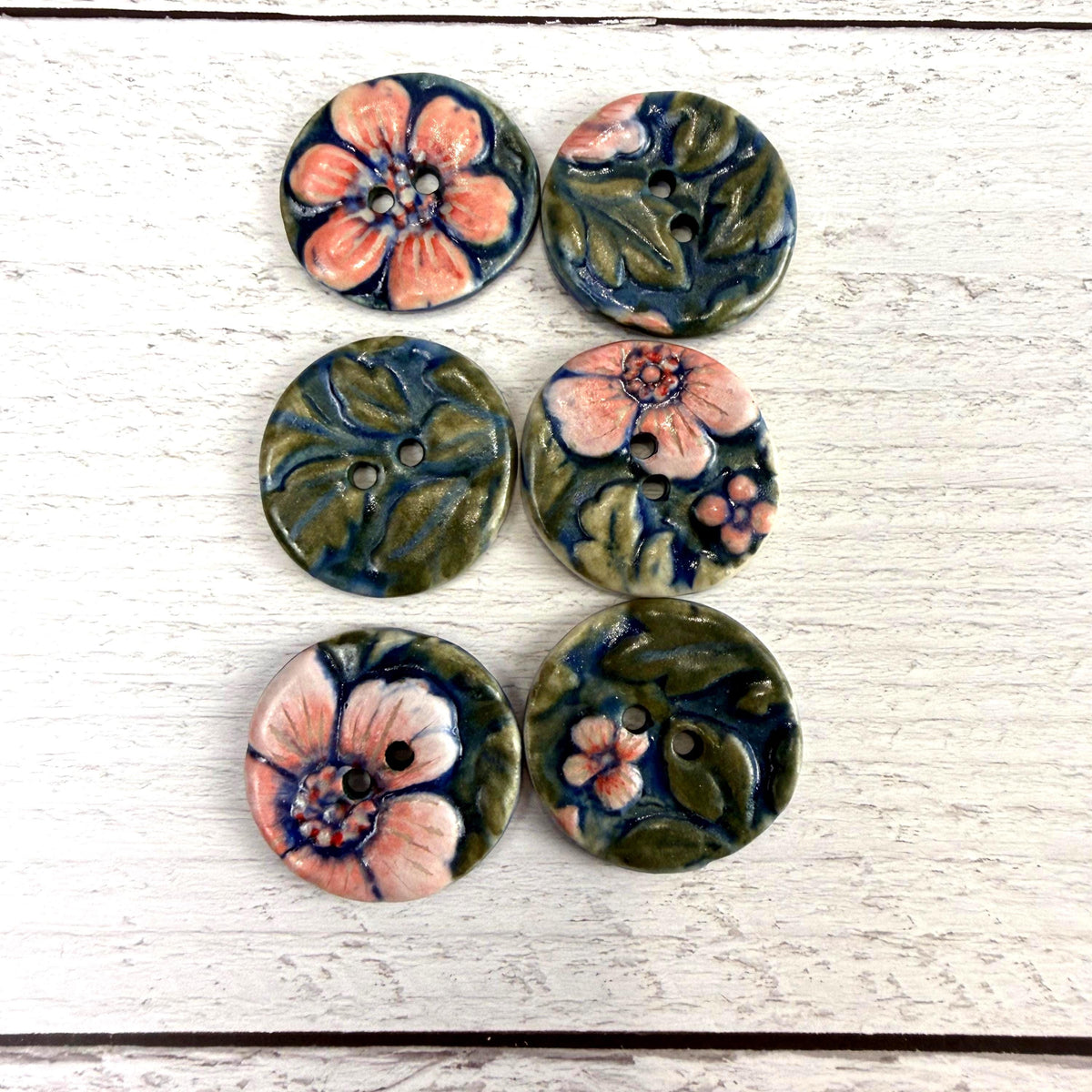 Pink Flowers with Green Leaves Ceramic Buttons