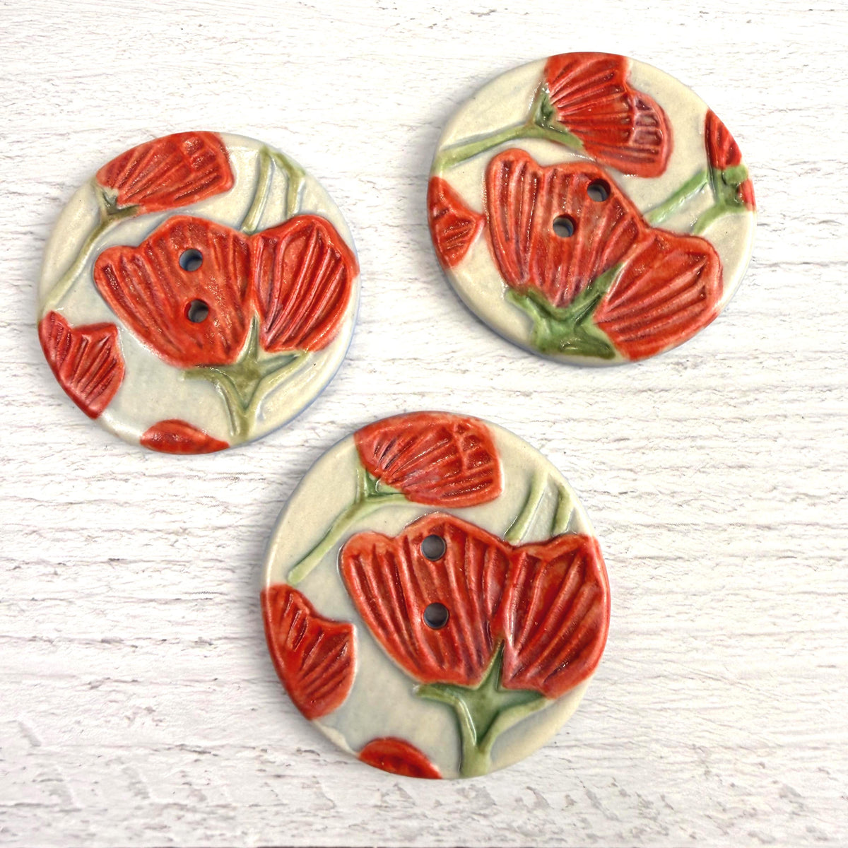 Bright Red Poppies on Blue Round Buttons