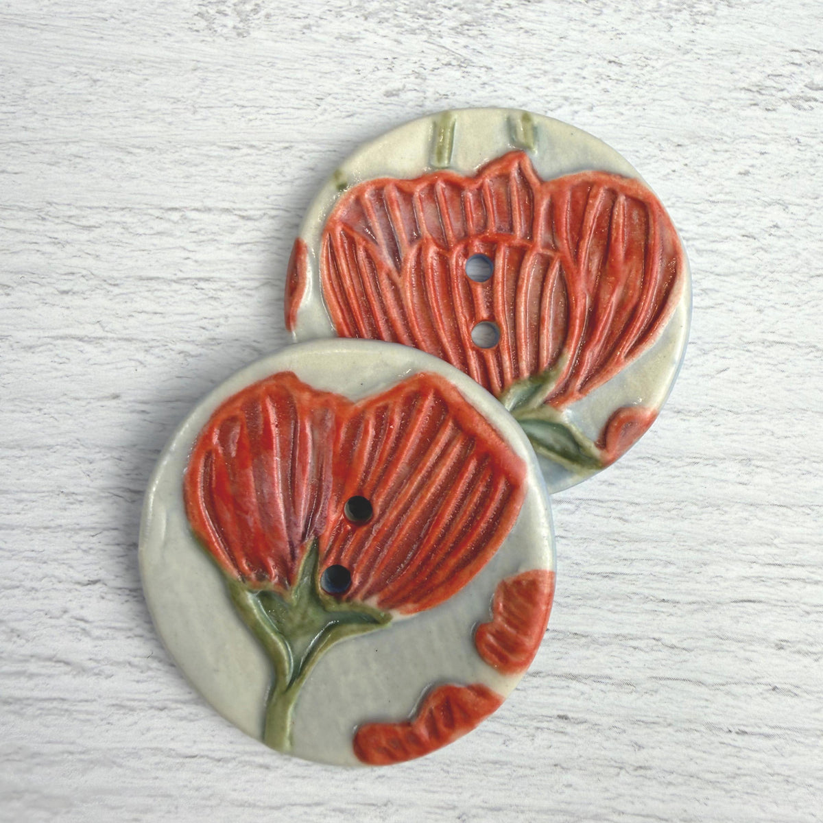 Bright Red Poppies on Blue Round Buttons