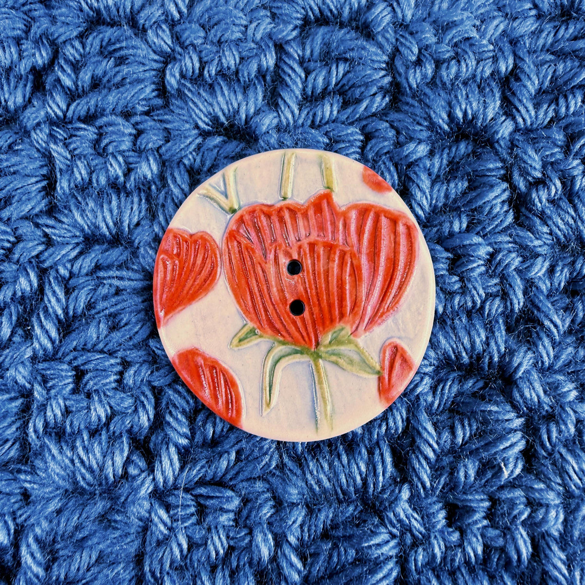 Bright Red Poppies on Blue Round Buttons