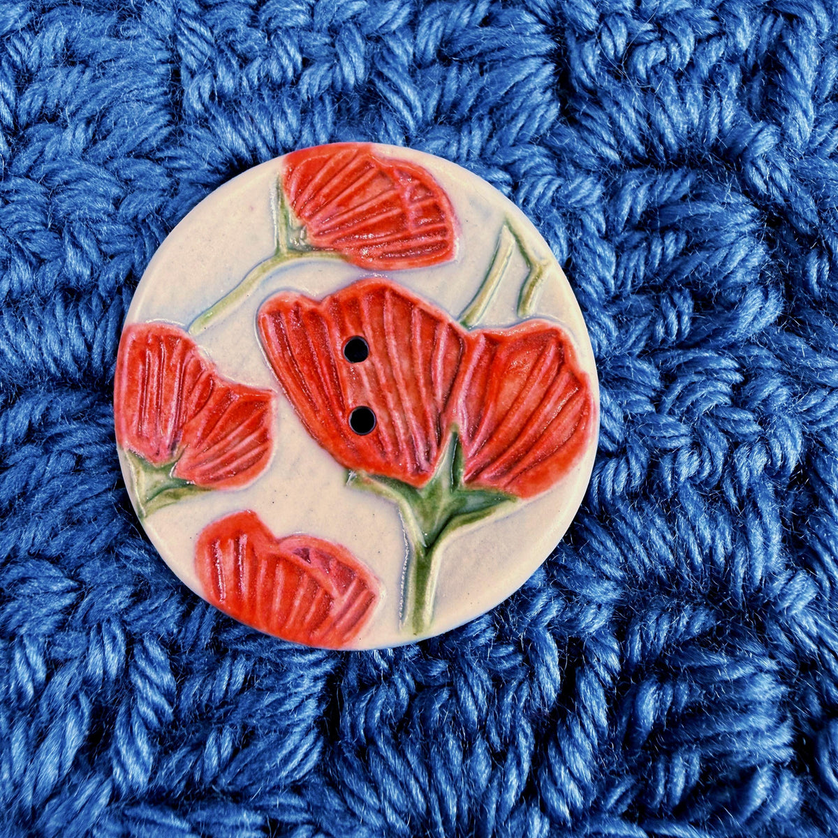 Bright Red Poppies on Blue Round Buttons