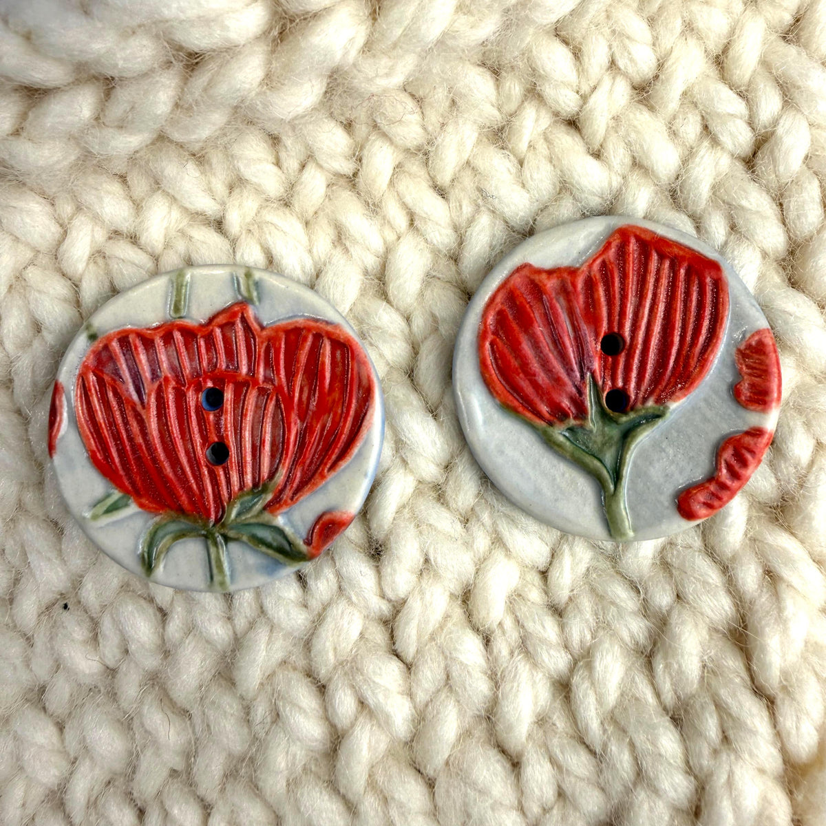 Bright Red Poppies on Blue Round Buttons