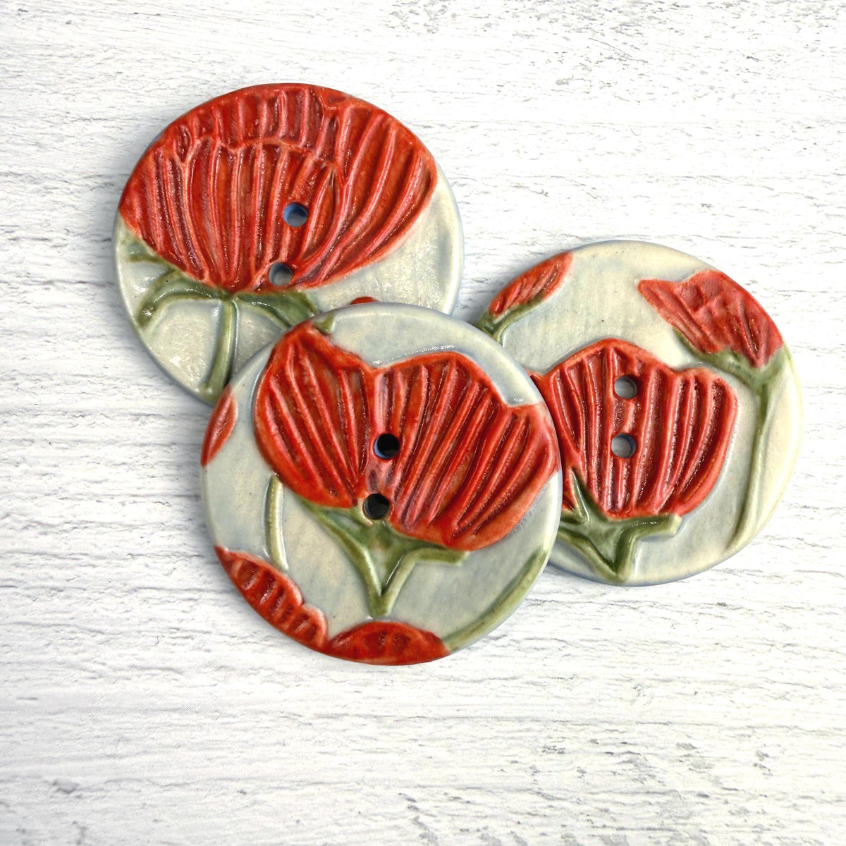Bright Red Poppies on Blue Round Buttons