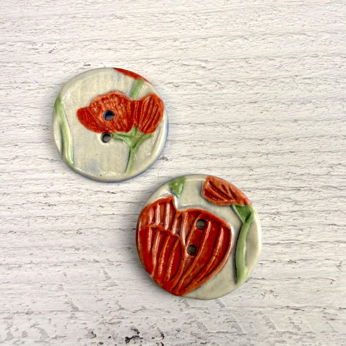 Bright Red Poppies on Blue Round Buttons