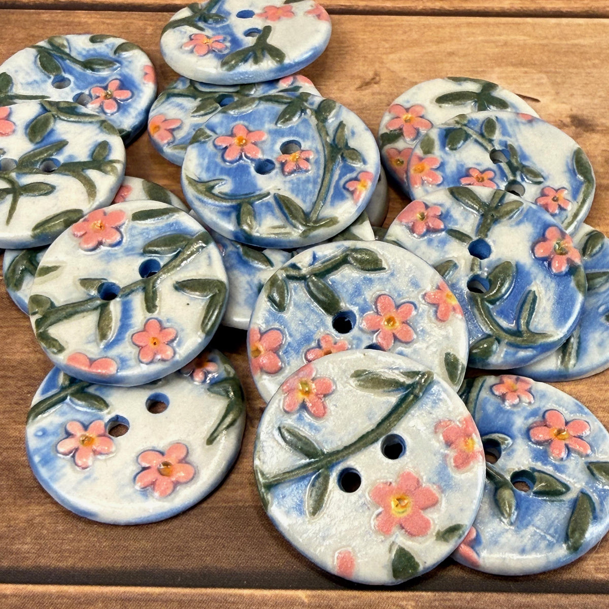 Pink Flowers on White and Blue Buttons