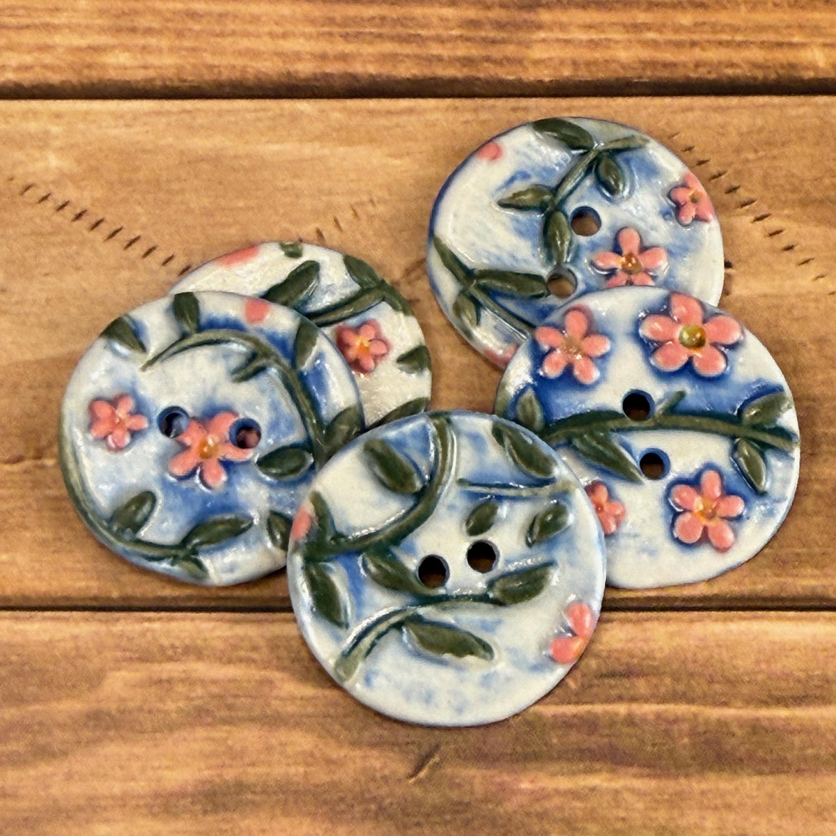 Pink Flowers on White and Blue Buttons