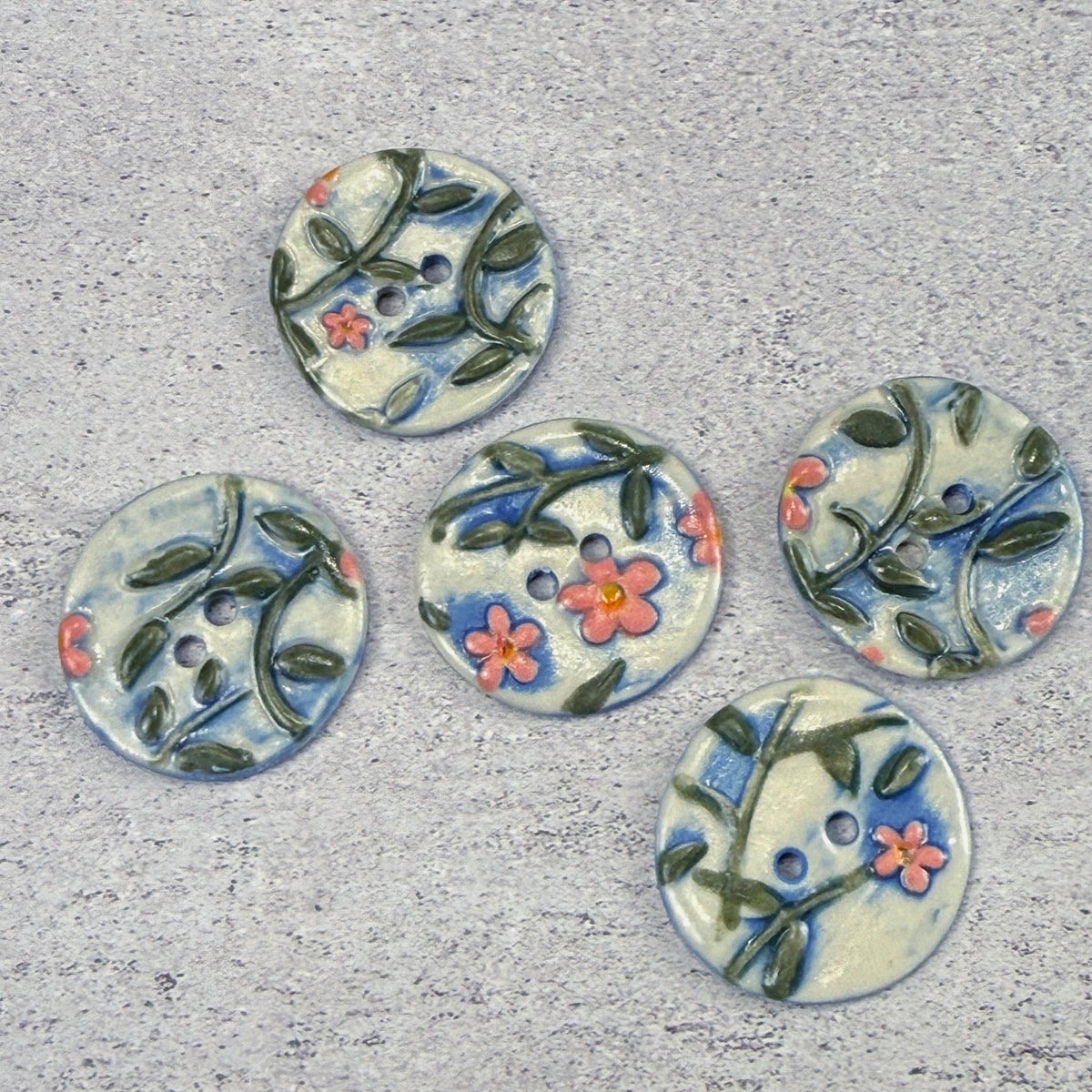 Pink Flowers on White and Blue Buttons