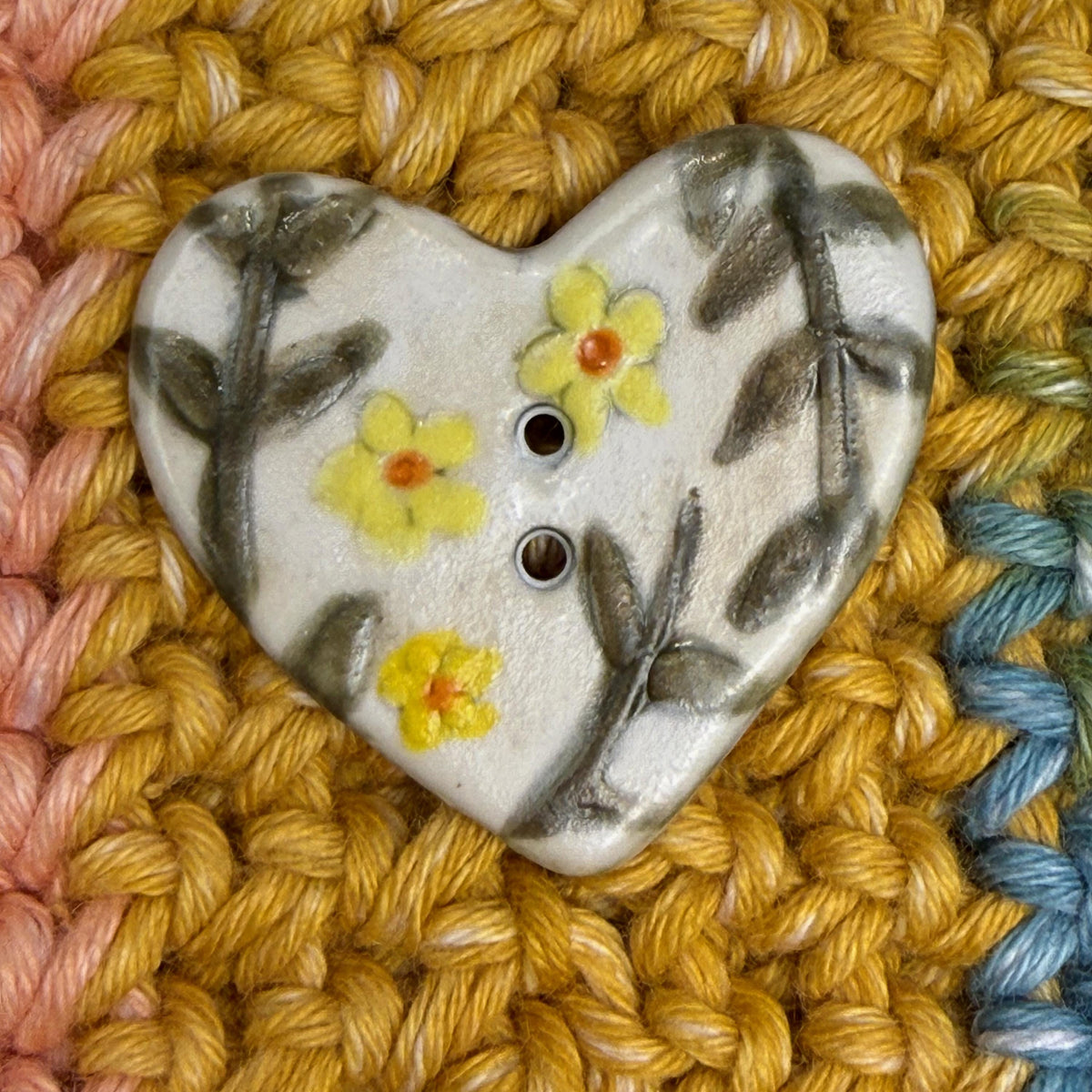 Yellow Flowers on White Heart Buttons