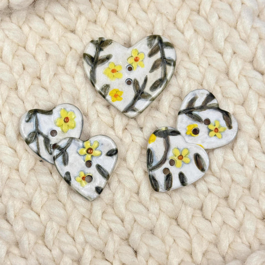 Yellow Flowers on White Heart Buttons