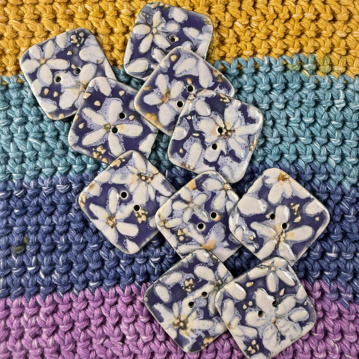 White Flowers on Purple Square Buttons