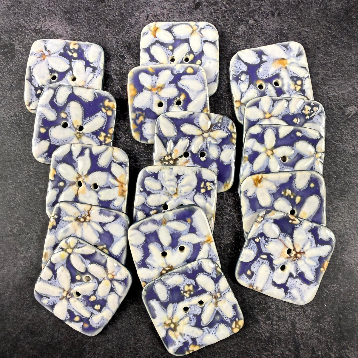 White Flowers on Purple Square Buttons
