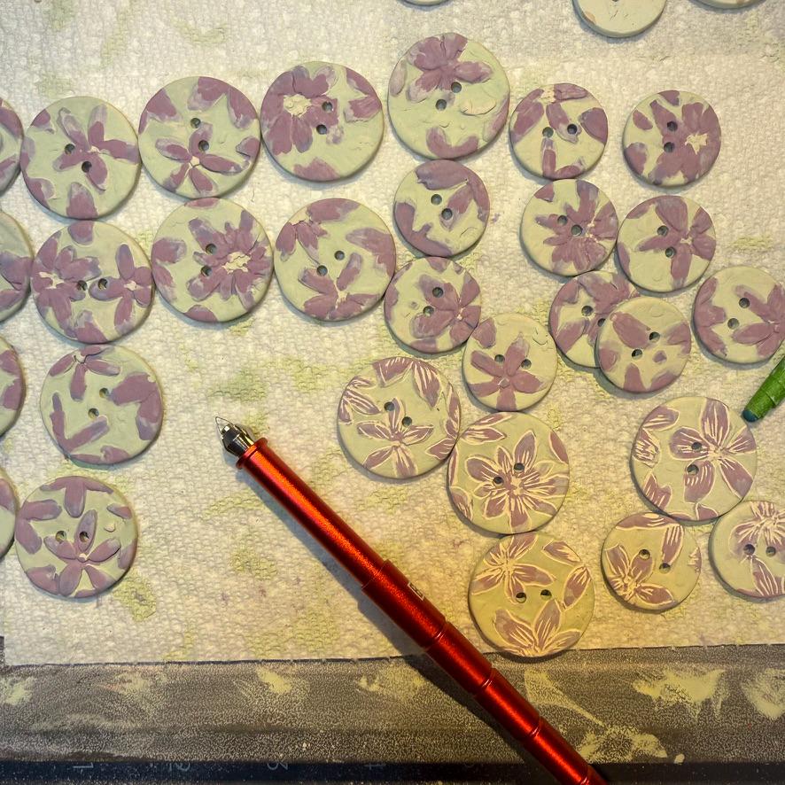 Purple Flowers on Green Round Buttons