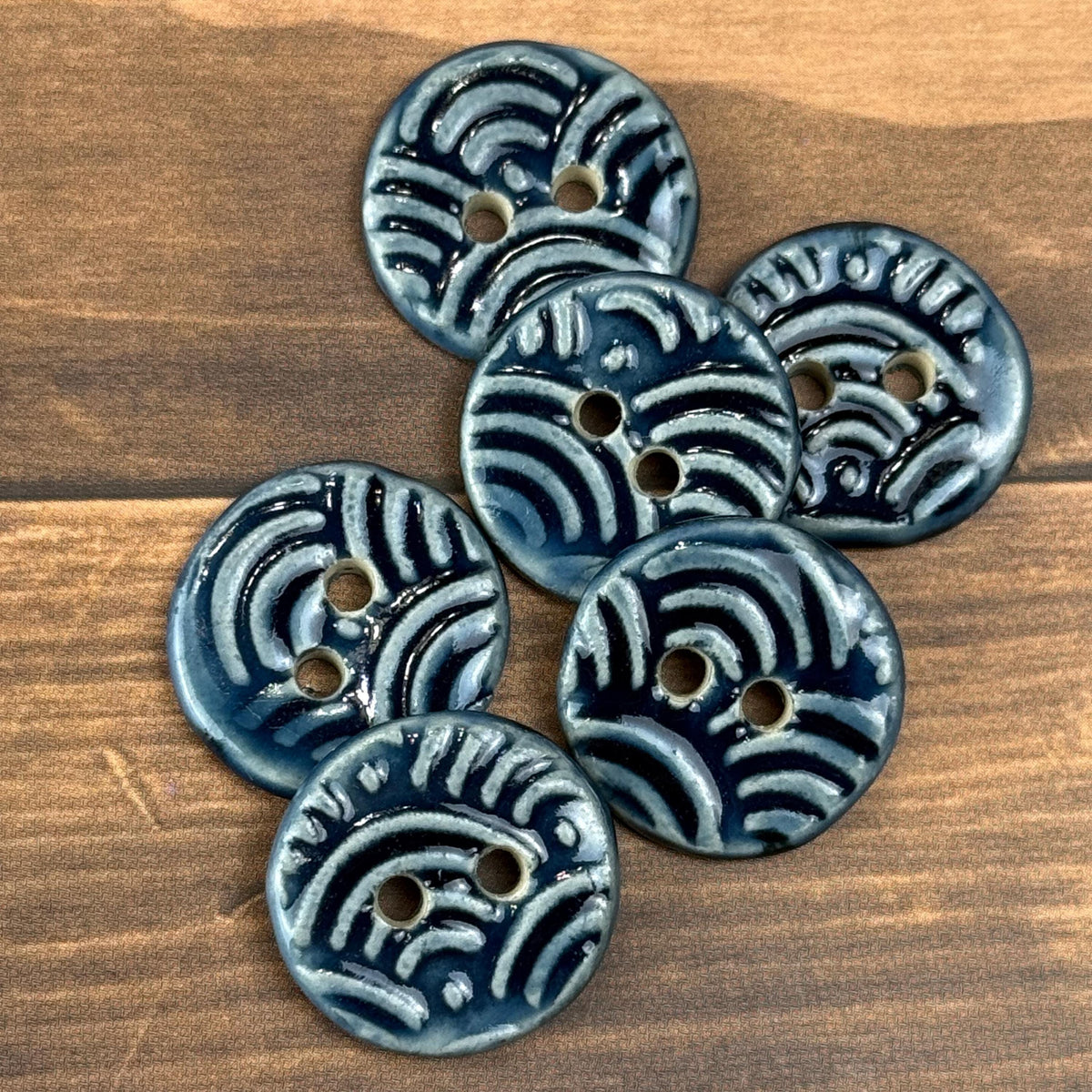 Set of 6 Small Wave Texture Blue Round Buttons