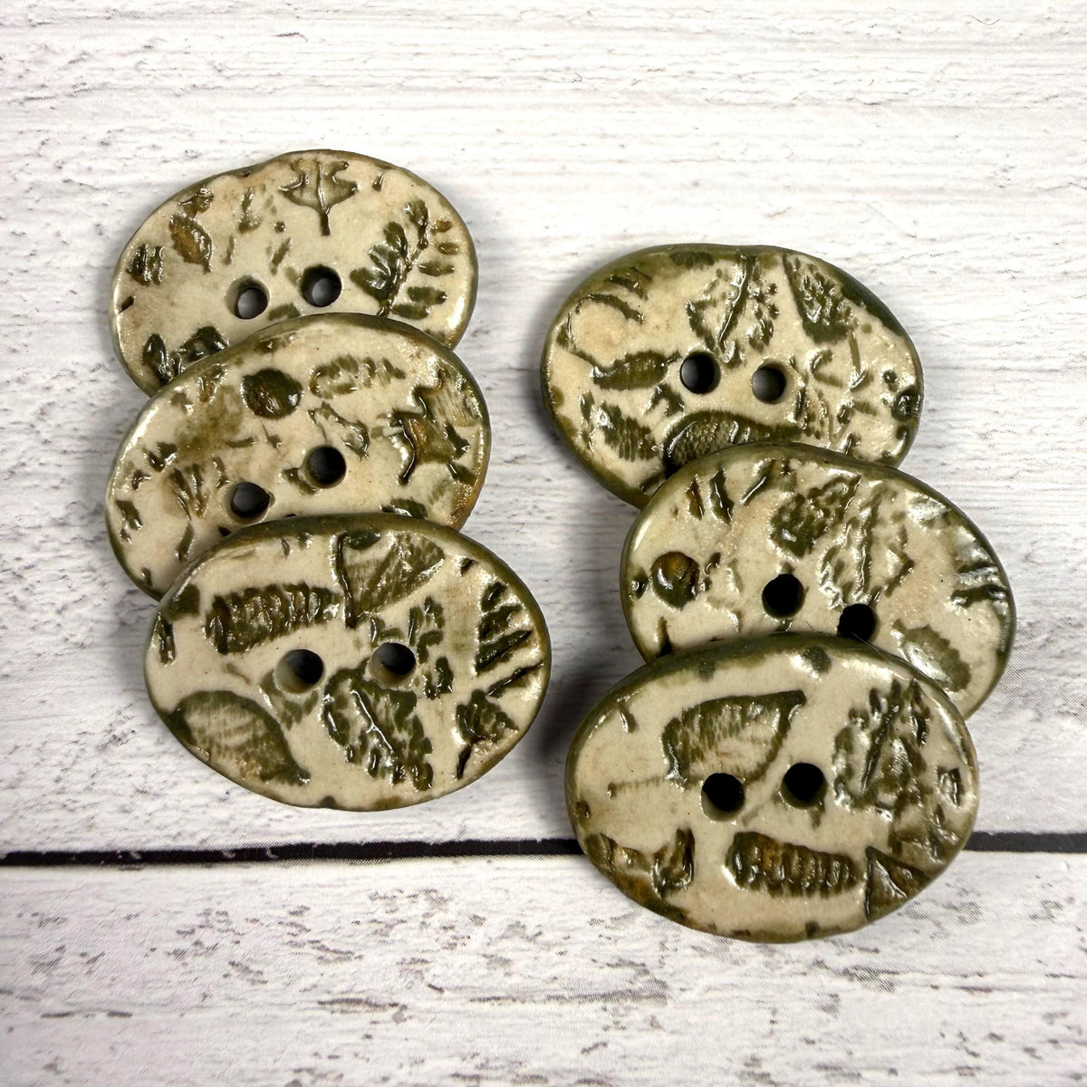 Mushrooms and Leaves Green and Off White Buttons