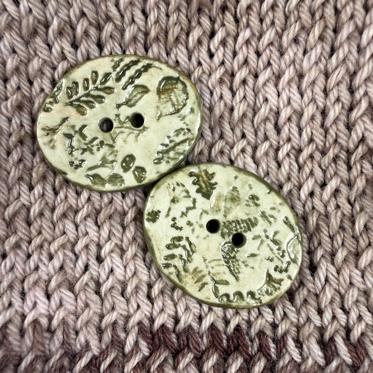 Mushrooms and Leaves Green and Off White Buttons